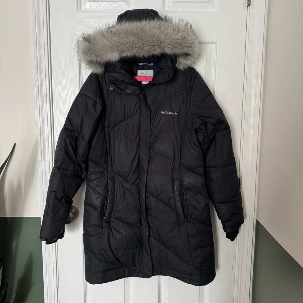 Women’s Medium Columbia Black Mid Length Puffer Coat with Faux Fur Trim Hood